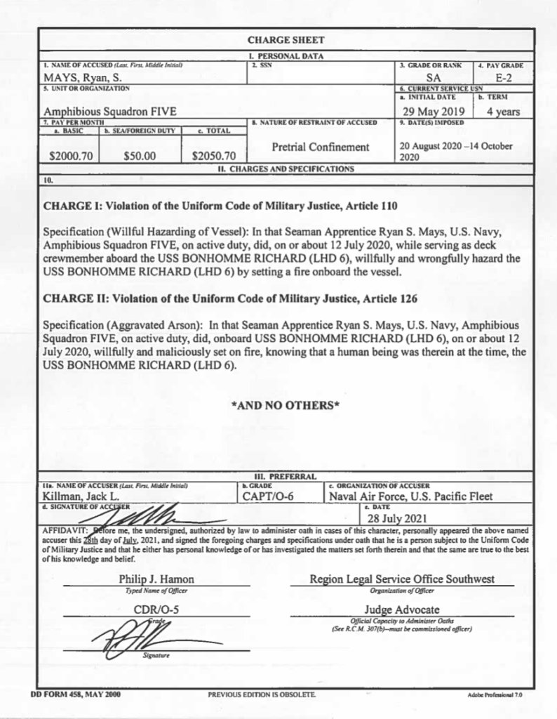 Here’s the charge sheet of the sailor accused of setting a $1.4 billion warship on fire