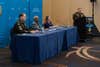 (From left to right) U.S. Army Master Sgt. Earl D. Plumlee; Kasinal Cashe White, sister of Sgt. 1st Class Alwyn C. Cashe; and Katherine Celiz, spouse of Sgt. 1st Class Christopher A. Celiz, participate in media interviews at the Sheraton Pentagon City Hotel, in Arlington, Va., Dec. 15, 2021. President Joseph R. Biden, Jr. will award the Medal of Honor to Master Sgt. Plumlee and posthumously award Sgt. 1st Class Cashe and Sgt. 1st Class Celiz at the White House on Dec. 16, 2021, for actions of valor in Iraq and Afghanistan.  (U.S. Army photo by Laura Buchta)