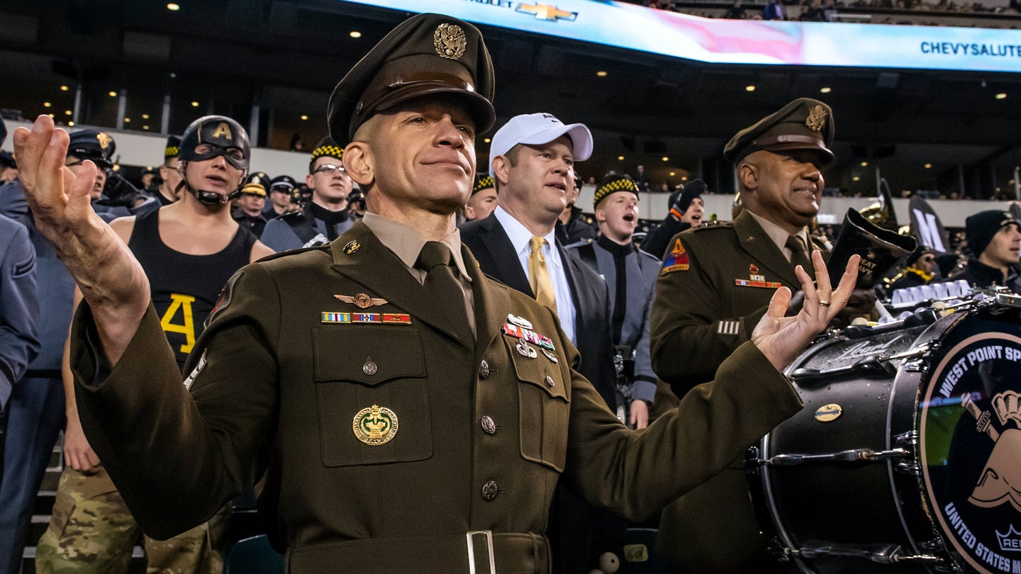 Sgt. Maj. of the Army Michael A. Grinston reacts to a Navy first down during the 120th edition of America’s Game between the Army’s Black Knights and Navy’s Midshipmen at Lincoln Financial Field in Philadelphia, Dec. 14, 2019. (U.S. Army Reserve/Master Sgt. Michel Sauret)