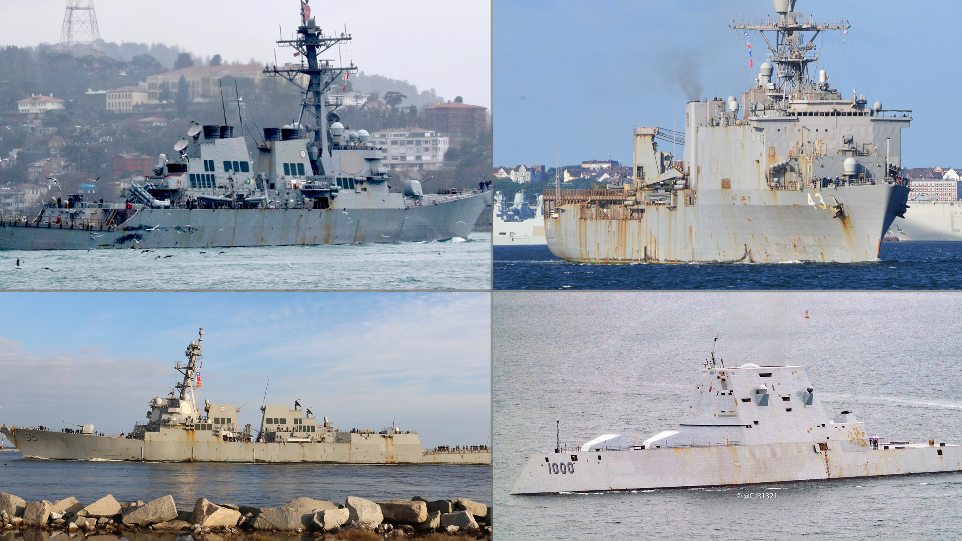 Task & Purpose photo composite showing photos of the USS Arleigh Burke (top left) by Yörük Işık; USS Fort McHenry, by Leo van Ginderen (top right); USS James E Williams, by Steven Smith (lower left); and USS Zumwalt by @cjr1321 (lower right).