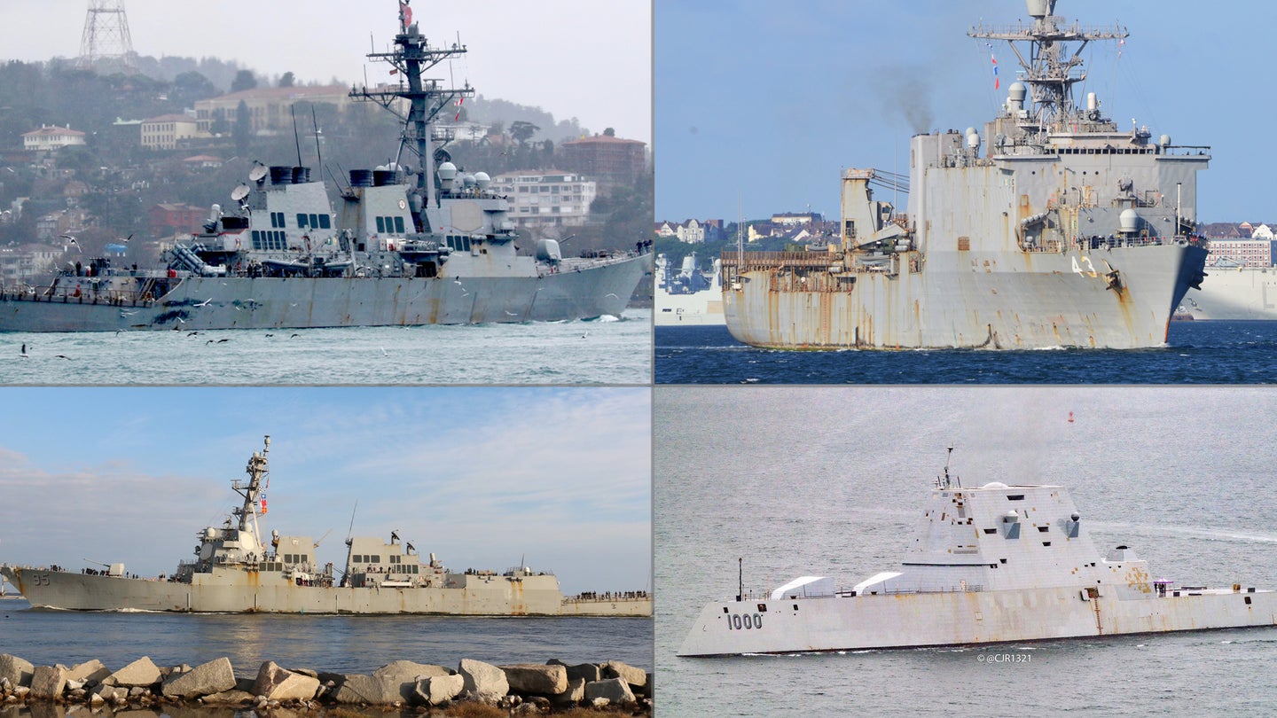 Task & Purpose photo composite showing photos of the USS Arleigh Burke (top left) by Yörük Işık; USS Fort McHenry, by Leo van Ginderen (top right); USS James E Williams, by Steven Smith (lower left); and USS Zumwalt by @cjr1321 (lower right).