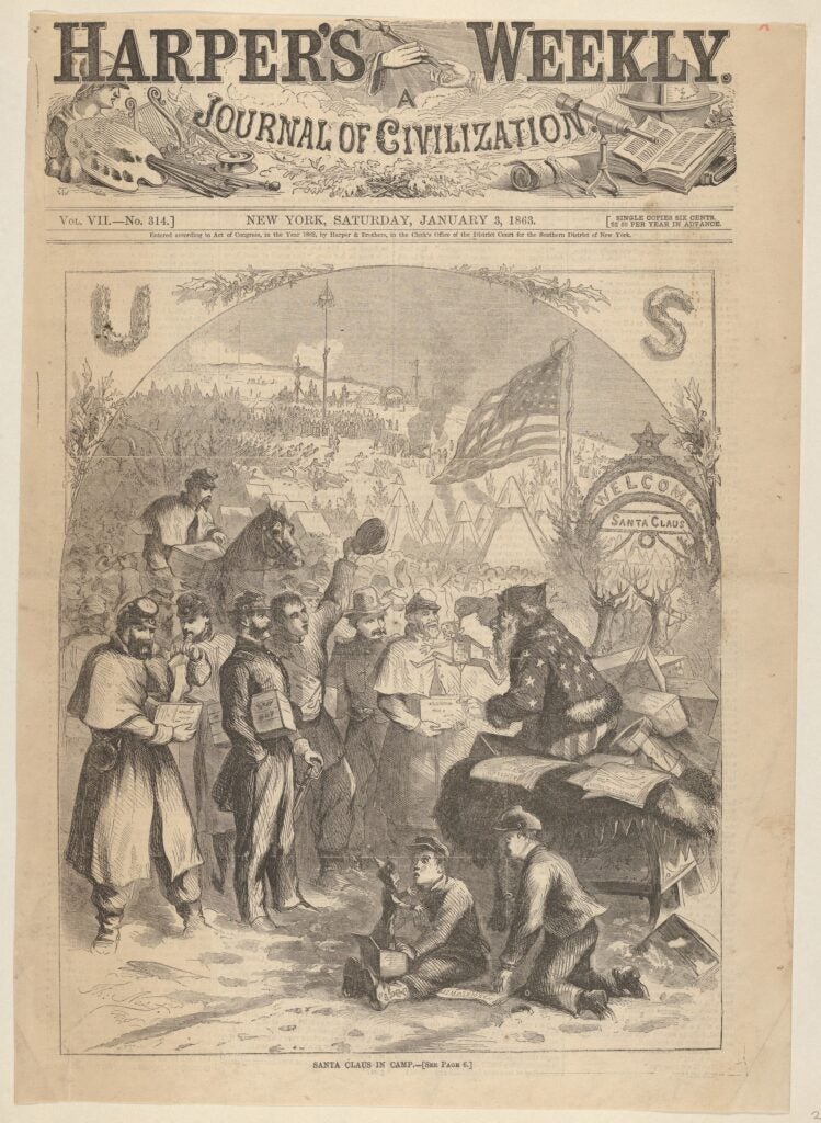 Santa Claus in Camp (from Harper's Weekly), January 3, 1863, Wood engraving, Sheet: 14 3/4 × 10 9/16 in. (37.4 × 26.8 cm), Prints, Thomas Nast (American (born Germany), Landau 1840–1902 Guayaquil), Nast's image was published in the 1862 Christmas issue of Harper’s Weekly, during days filled with both trials for the Union and rising hope. Santa Claus has arrived by sleigh in a Union army camp to distribute gifts. (Photo by: Sepia Times/Universal Images Group via Getty Images)