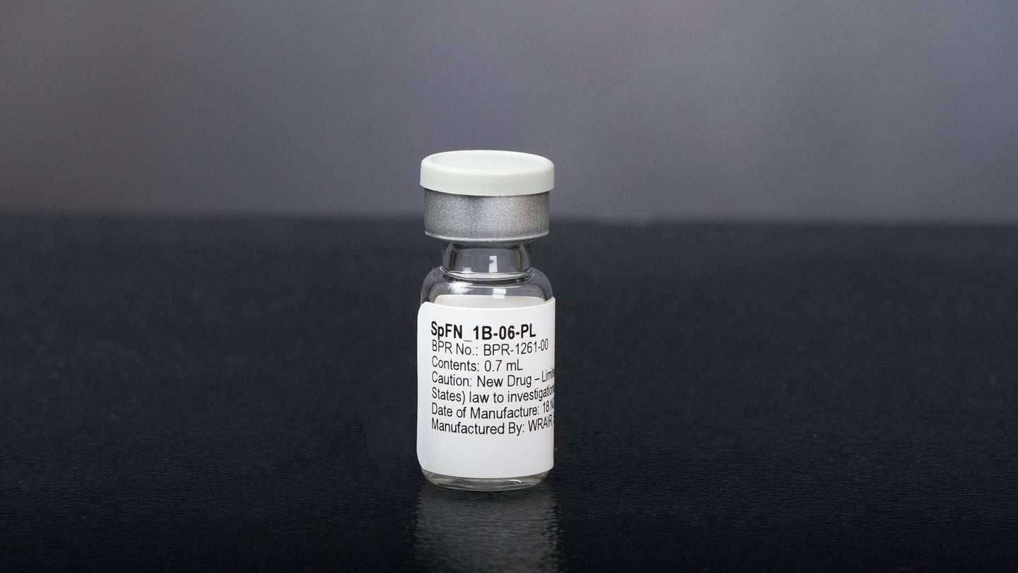 A vial of spike ferritin nanoparticle (SpFN), WRAIR’s COVID-19 vaccine. Built on a ferritin platform, the vaccine offers a flexible approach to targeting multiple variants of the virus that causes COVID-19 and potentially other coronaviruses as well. (U.S. Army/Mike Walters)