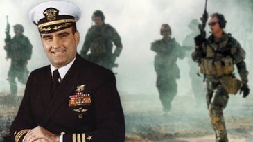 A photo composite showing Richard Marcinko, the founding commander of Navy SEAL Team 6, and U.S. Navy SEALs in the background.