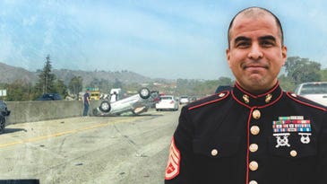 We salute the Marine who kicked in a windshield barefoot to save a man after a car crash