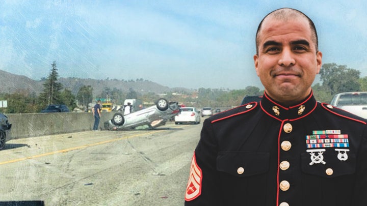 A photo composite showing Staff Sgt. Joseph Maldonado and the scene of the accident where he pulled a man from a vehicle on Dec. 6, 2021. (Photo courtesy of Joseph Maldonado/U.S. Marine Corps photo)