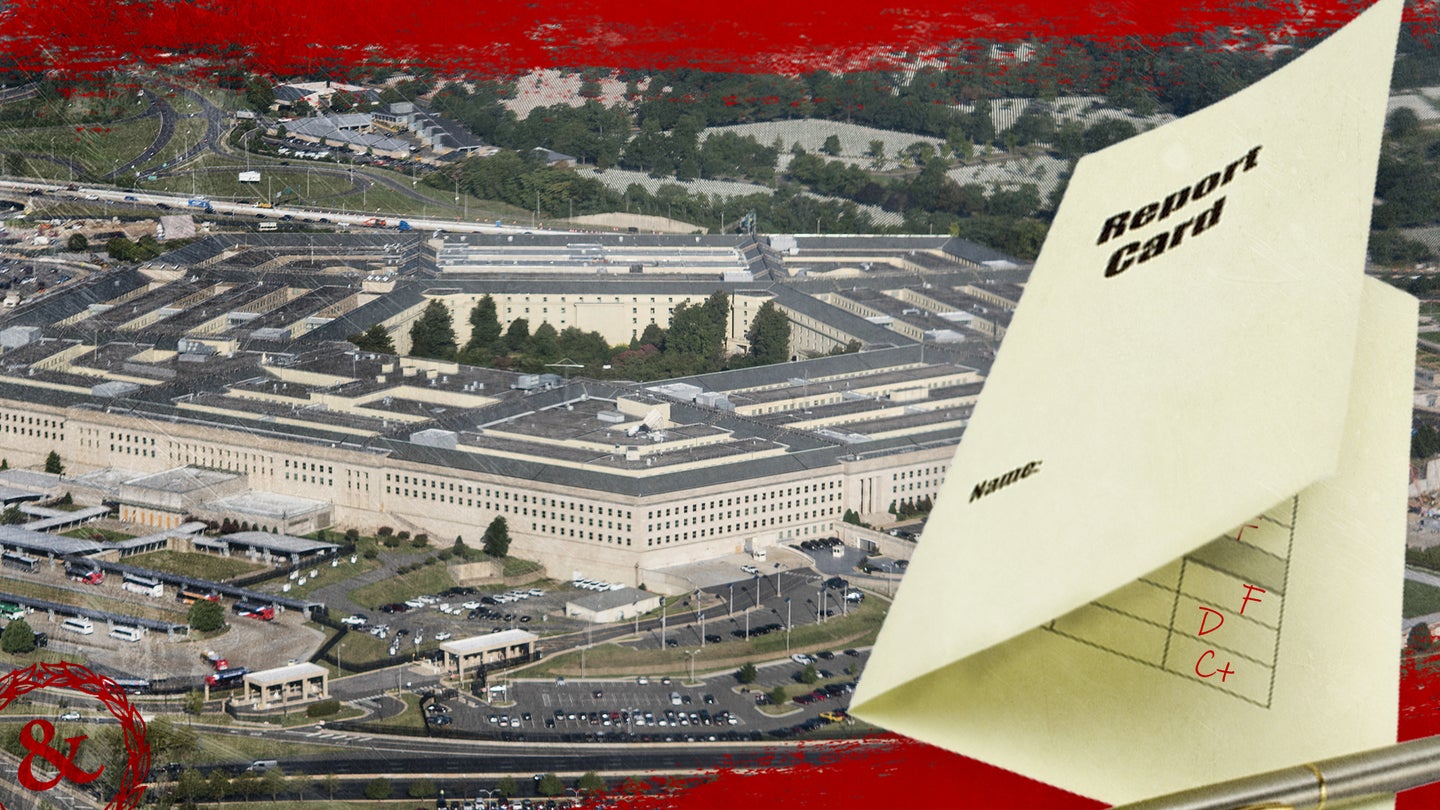 Task & Purpose photo composite showing the Pentagon alongside a less than stellar report card for 2021.