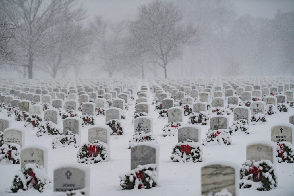 Snow falls in Section 60 of Arlington National Cemetery, Arlington, Va., Jan. 3, 2022. This was the first snow of the year. (U.S. Army photo by Elizabeth Fraser / Arlington National Cemetery / released)