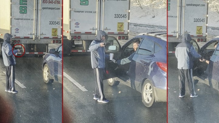 Screenshots from a video showing Jean-Carlo Gachet as he hands out food to another stranded driver on Interstate 95.