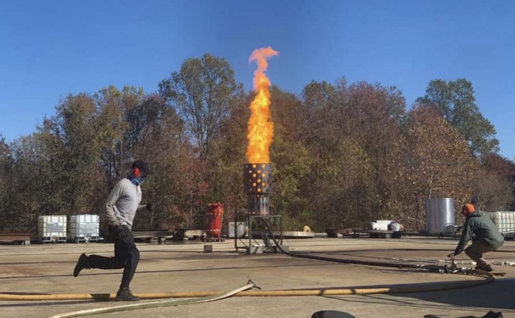 U.S. Naval Research Laboratory tests a crude oil burner system to measure emissions. 