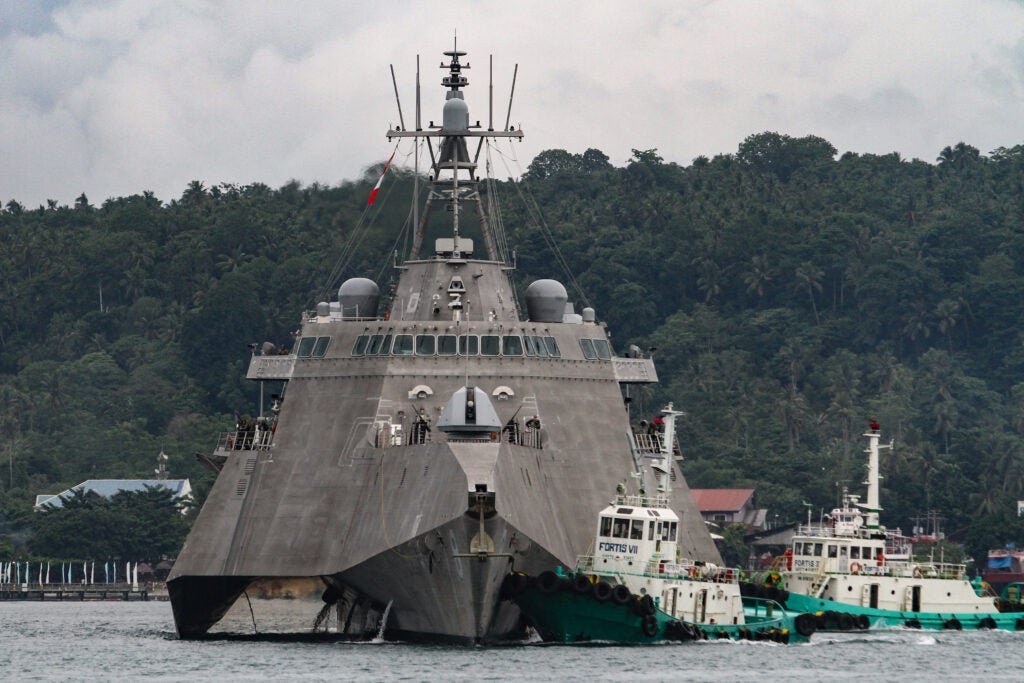 This photo taken on June 29, 2019, shows USS Montgomery (LCS 8), an Independence-class littoral combat ship of the United States Navy, in Davao City on the southern island of Mindanao for a port visit. (Photo by Manman Dejeto / AFP)        (Photo credit should read MANMAN DEJETO/AFP via Getty Images)