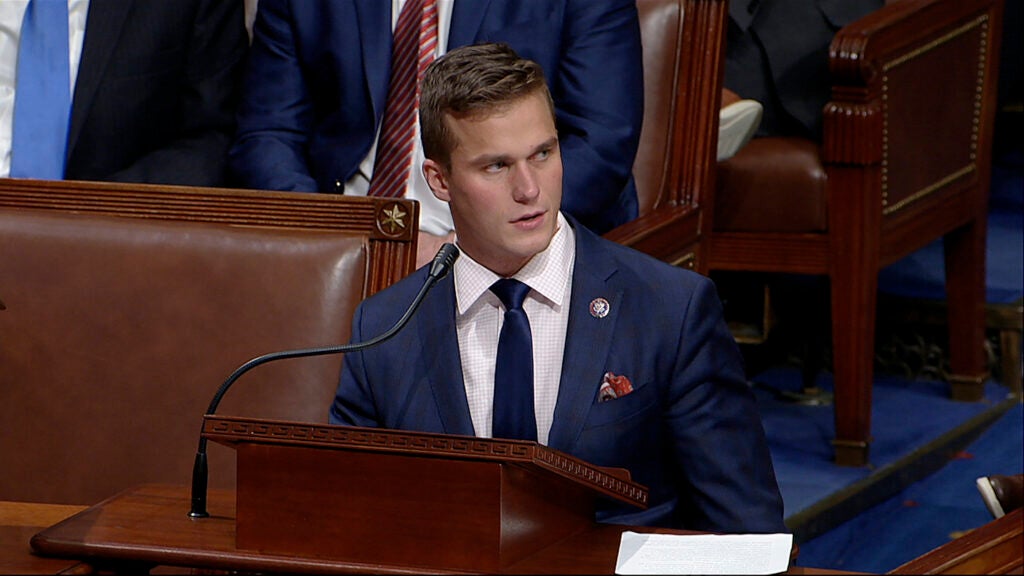 In this image from video, Rep. Madison Cawthorn, R-N.C., speaks as the House debates the objection to confirm the Electoral College vote from Pennsylvania, at the U.S. Capitol early Thursday, Jan. 7, 2021. (House Television via AP)