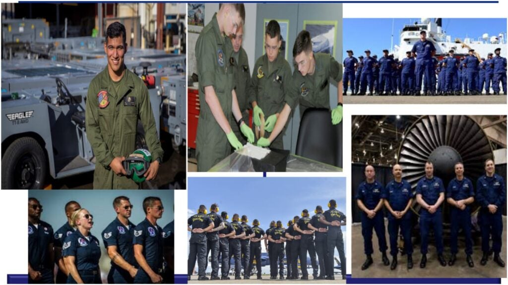 A leaked Air Force PowerPoint presentation included a slide showing the maintenance coveralls worn by other services. (Facebook / Air Force amn/nco/snco)