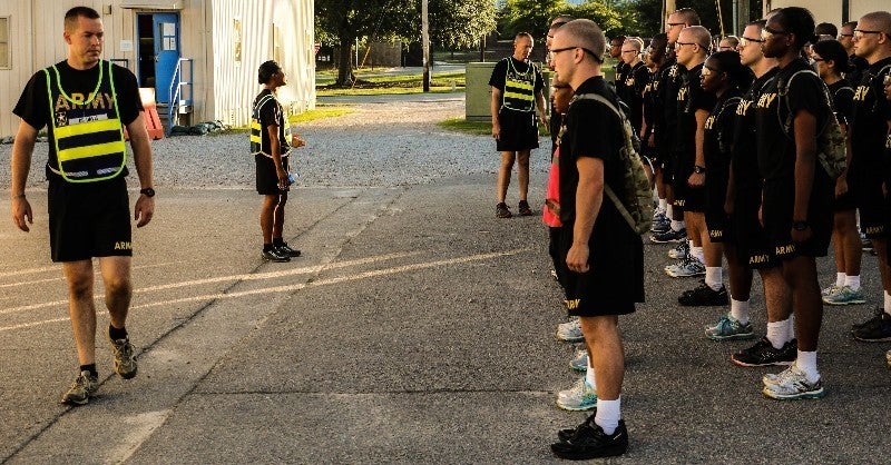 FORT JACKSON, S.C. – Drill sergeants, Larry Davis (left), Felicia Evans (middle), and Andrew Hamilton (right) conduct instruction during morning formation on Aug. 22, 2016.  All three drill sergeants are part of Foxtrot Company, 1-34 Infantry Regiment, currently training Soldiers at Fort Jackson, S.C. (U.S. Army Reserve photo by Sgt. Michael Adetula, 206th Broadcast Operations Detachment)