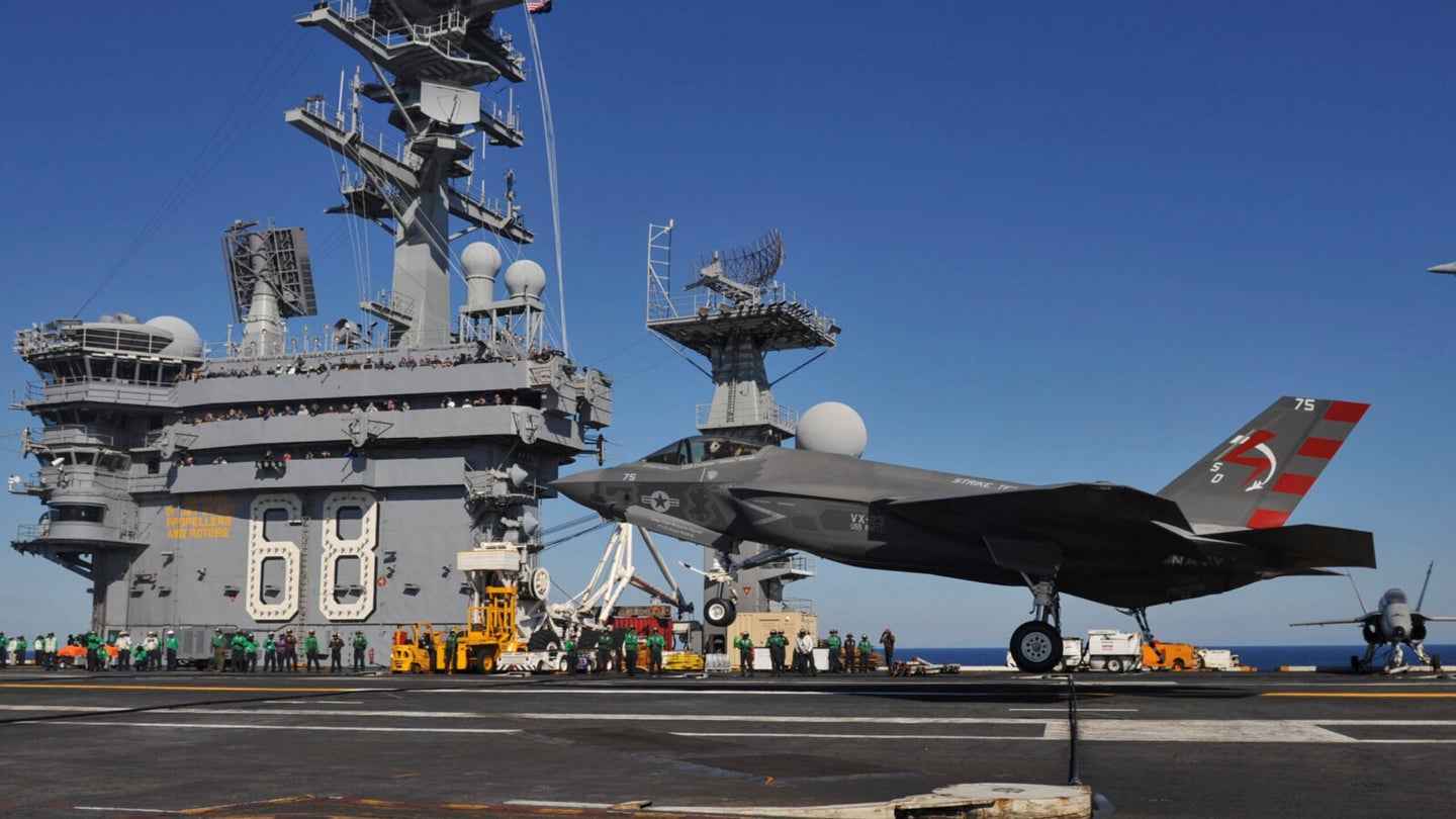 An F-35C Lightening II carrier variant Joint Strike Fighter conducts it's first arrested landing aboard the aircraft carrier USS Nimitz (CVN 68) on November 3, 2014 at sea in the Pacific Ocean. Nimitz is underway conducting routine training exercises. (Kelly M. Agee/U.S. Navy via Getty Images)