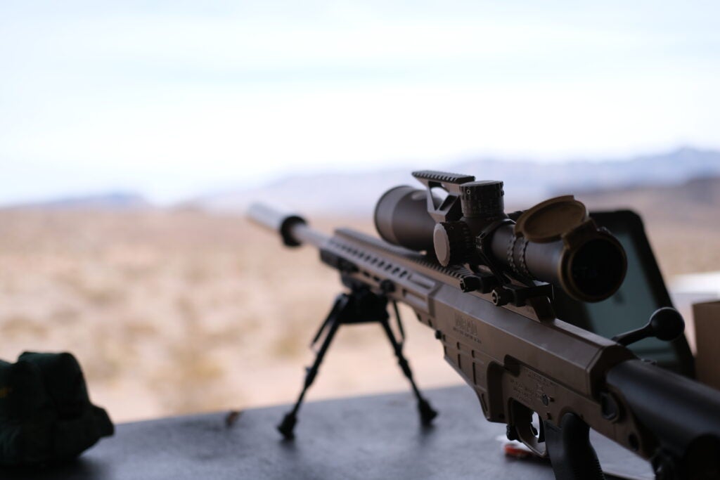 The Barrett MRAD propped up on the shooting bench at the Boulder Rifle & Pistol Club in Nevada.