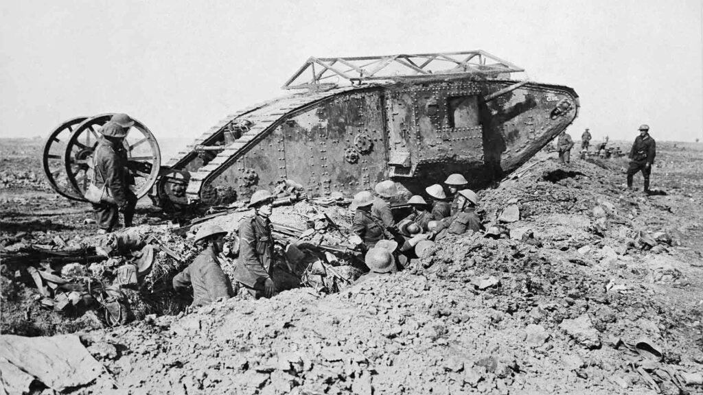 Ministry Of Information First World War Official Collection, Mark I 'Male' Tank of 'C' Company that broke down crossing a British trench on its way to attack Thiepval on 25 September 1916 during the Battle of the Somme. (Photo by Lt. E Brooks/ Imperial War Museums via Getty Images)