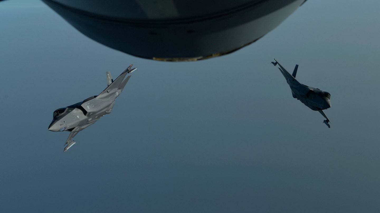 Two Air Force F-35A Lightning IIs break away from each other after an aerial refueling mission over Southwest Asia, May 29, 2019. (U.S. Air Force photo by Staff Sgt. Chris Drzazgowski)