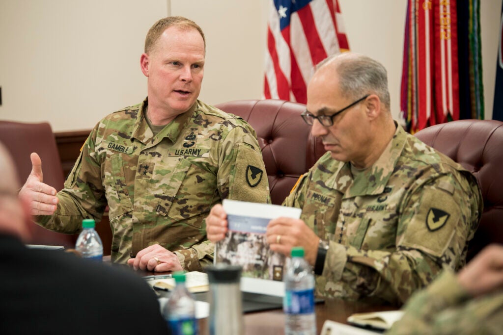 Maj. Gen. Duane Gamble, commanding general, U.S. Army Sustainment Command, leads a quarterly update meeting with Gen. Gus. Perna, commanding general, U.S. Army Materiel Command at Rock Island Arsenal, Illinois, Feb. 26.