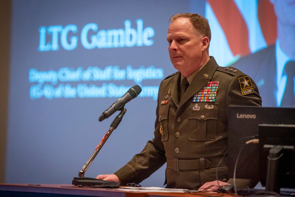 Lieutenant General Duane A. Gamble, U.S. Army Deputy Chief of Staff., speaks at a 9/11 remembrance ceremony in Clemson University’s Old Main auditorium, Sept. 14, 2021. The ceremony was sponsored by Clemson’s Army ROTC Tiger Platoon. (Photo by Ken Scar)
