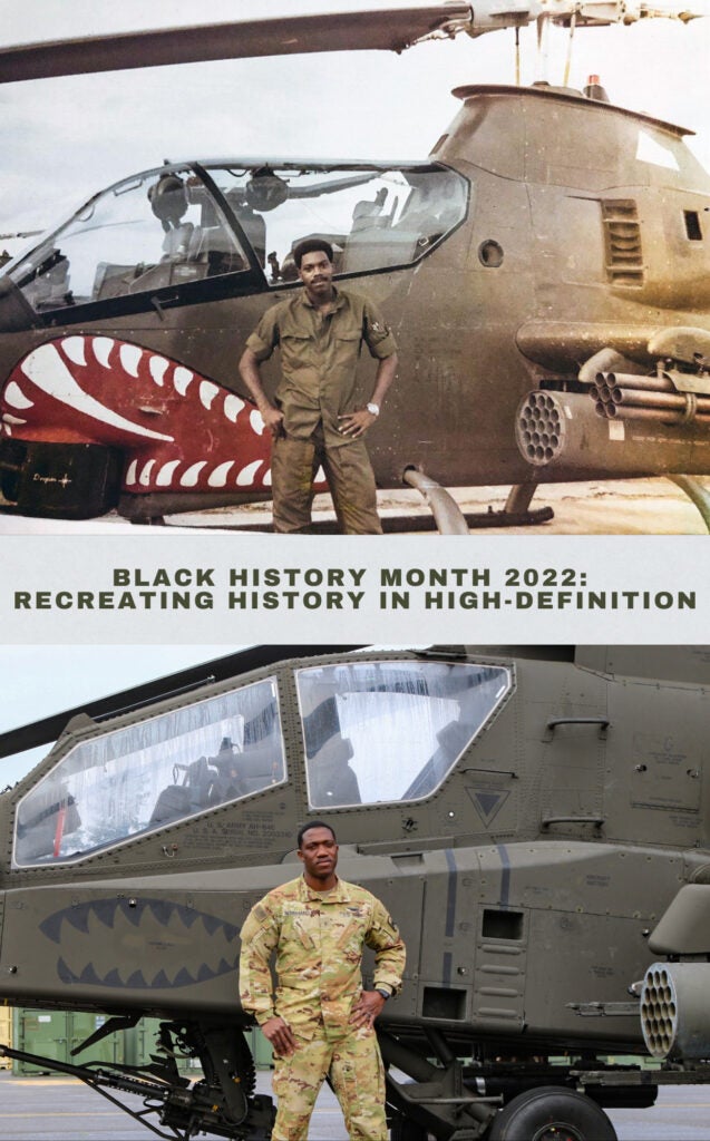Chief Warrant Officer 2 Daniel Nembhard, an AH-64 Apache helicopter pilot from Mandeville, Jamaica, assigned to A Company, 1-229 Attack Battalion, 16th Combat Aviation Brigade, recreates a historic photo of Warrant Officer Bob Farris, assigned to C “Condor” Troop, 2nd Squadron, 17th Cavalry Regiment, 101st Airborne Division during the Vietnam War. The Vietnam War was the first American war in which Black Americans served as Army helicopter pilots in combat operations. Mr. Farris served with distinction as an attack helicopter pilot during combat operations in the Vietnam War.  (U.S. Army graphic illustration by Capt. Kyle Abraham, 16th Combat Aviation Brigade)