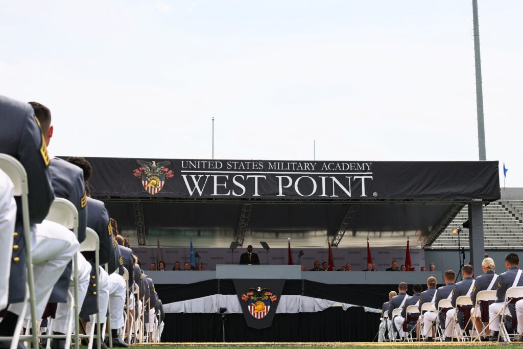 WEST POINT, NEW YORK - MAY 22: U.S. Secretary of Defense Lloyd J. Austin III speaks during the 2021 West Point Commencement Ceremony on May 22, 2021 in West Point, New York. U.S. Secretary of Defense Lloyd Austin returned to his alma mater to deliver the U.S. Military Academy’s Class of 2021 commencement address. There are 995 cadets in this years graduation class.  (Photo by Michael M. Santiago/Getty Images)