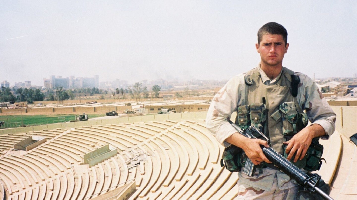 Tyson Manker atop Al Shaab stadium in Iraq, early April 2003. (Courtesy photo)