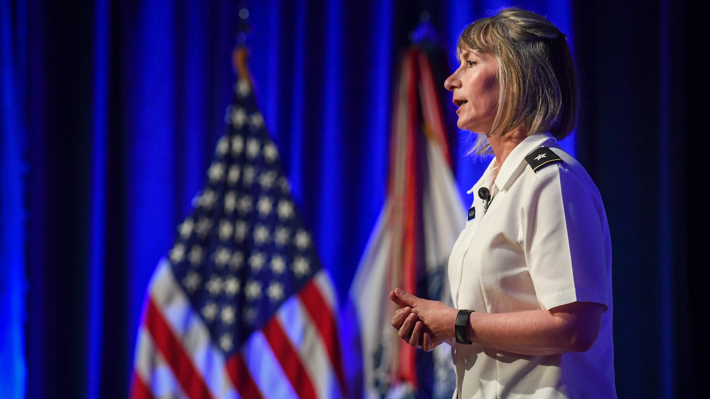 Then-Brig. Gen. Amy Hannah, now Amy Johnston, Director of the U.S. Marketing Research Task Force, speaks during the 2019 Public Affairs Forum, held at the Mark Center in Alexandria, Va., May 9, 2019. (U.S. Army photo by Spc. James Harvey)