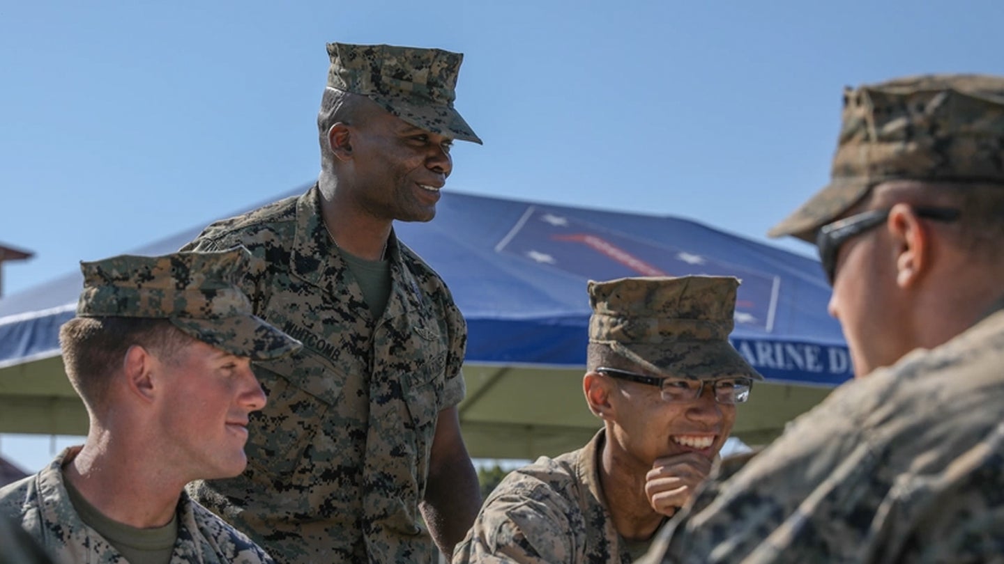U.S. Marine Corps Sgt. Maj. Terrence C. Whitcomb, the Sergeant Major of 1st Marine Division, speaks with Marines participating during the Super Squad Warriors’ Breakfast at Marine Corps Base Camp Pendleton, Aug. 30, 2019 (U.S. Marine Corps photo by Cpl. Ana S. Madrigal)