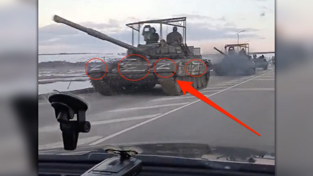 Screenshot of a video shared on Twitter showing Russian tank with the letter "Z" painted on the side.