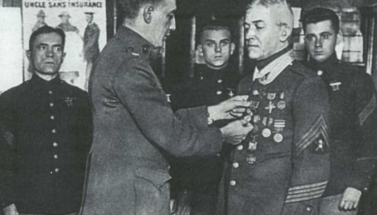 Daly, right, receives the Medaille Militaire in August 1919 at the Marine Corps recruiting office in New York City. Photo courtesy of the author.
