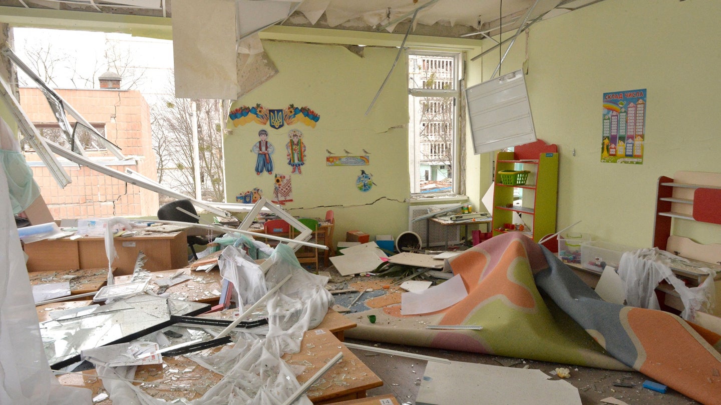 A photograph taken on March 8, 2022 shows destructions of a kindergarten following a shelling in Ukraine's second-biggest city of Kharkiv. (Photo by SERGEY BOBOK/AFP via Getty Images)
