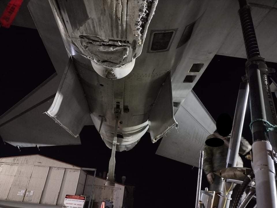 A photo posted on the popular Facebook page Air Force amn/nco/snco appears to show damage to an F-16 that belly-landed at Aviano Air Base, Italy on March 2, 2022. (Photo via Facebook/Air Force amn/nco/snco)