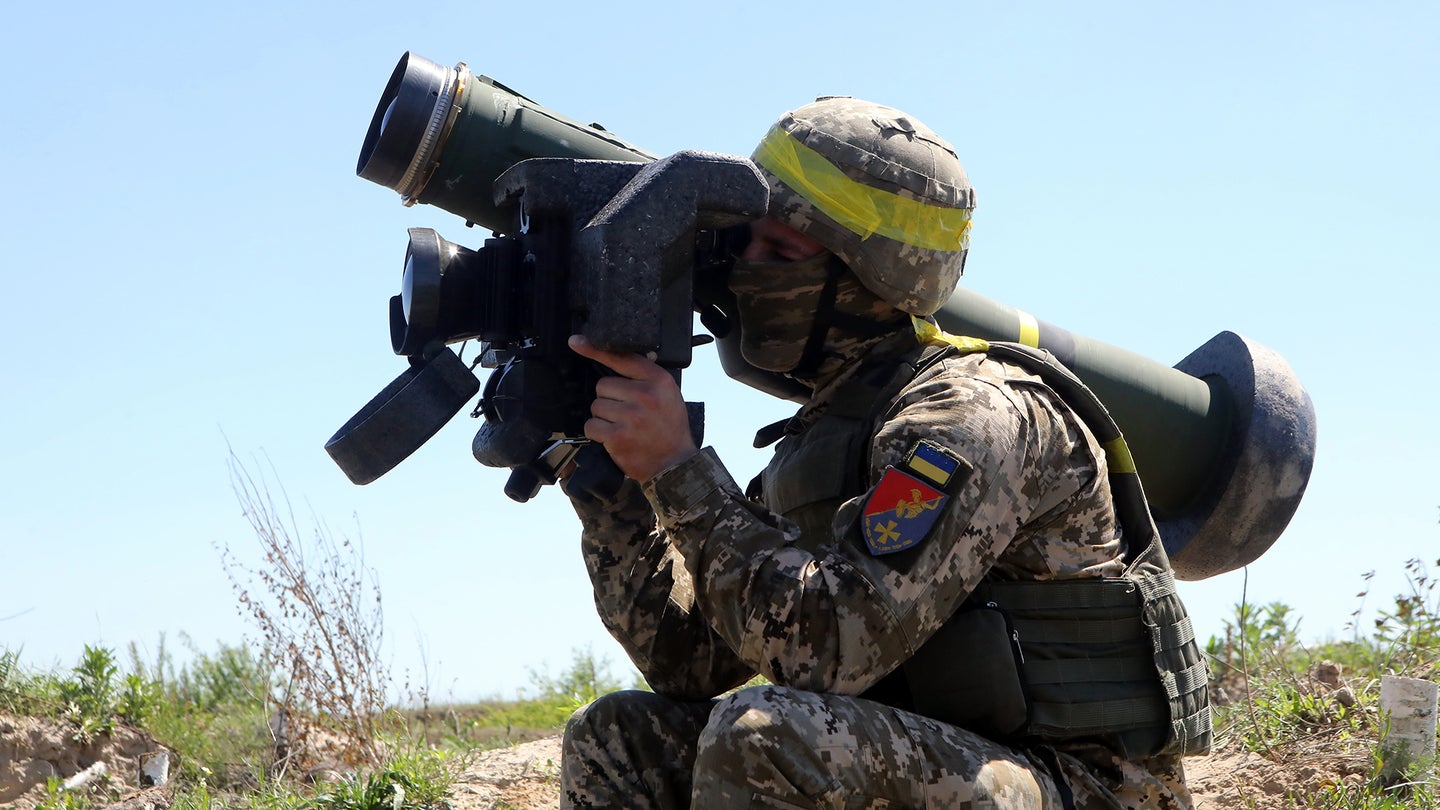 Anti-tank missile system FGM-148 Javelin is seen during the tactical battalion exercises of a separate mechanized brigade of the North operational command of the Land Forces of the Armed Forces of Ukraine at the general military range of the interspecies training center for military units and subdivisions, Rivne Region, western Ukraine on May 26, 2021. (Volodymyr Tarasov/Ukrinform/Future Publishing via Getty Images)