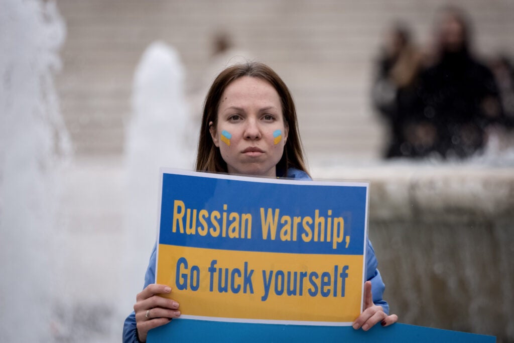Ukrainians who living in Greece  protest against Russia's military operation in Ukraine front of the Greek Parliament in the center of Athens, Greece on March 5, 2022.  (Photo by Nikolas Kokovlis/NurPhoto via Getty Images)