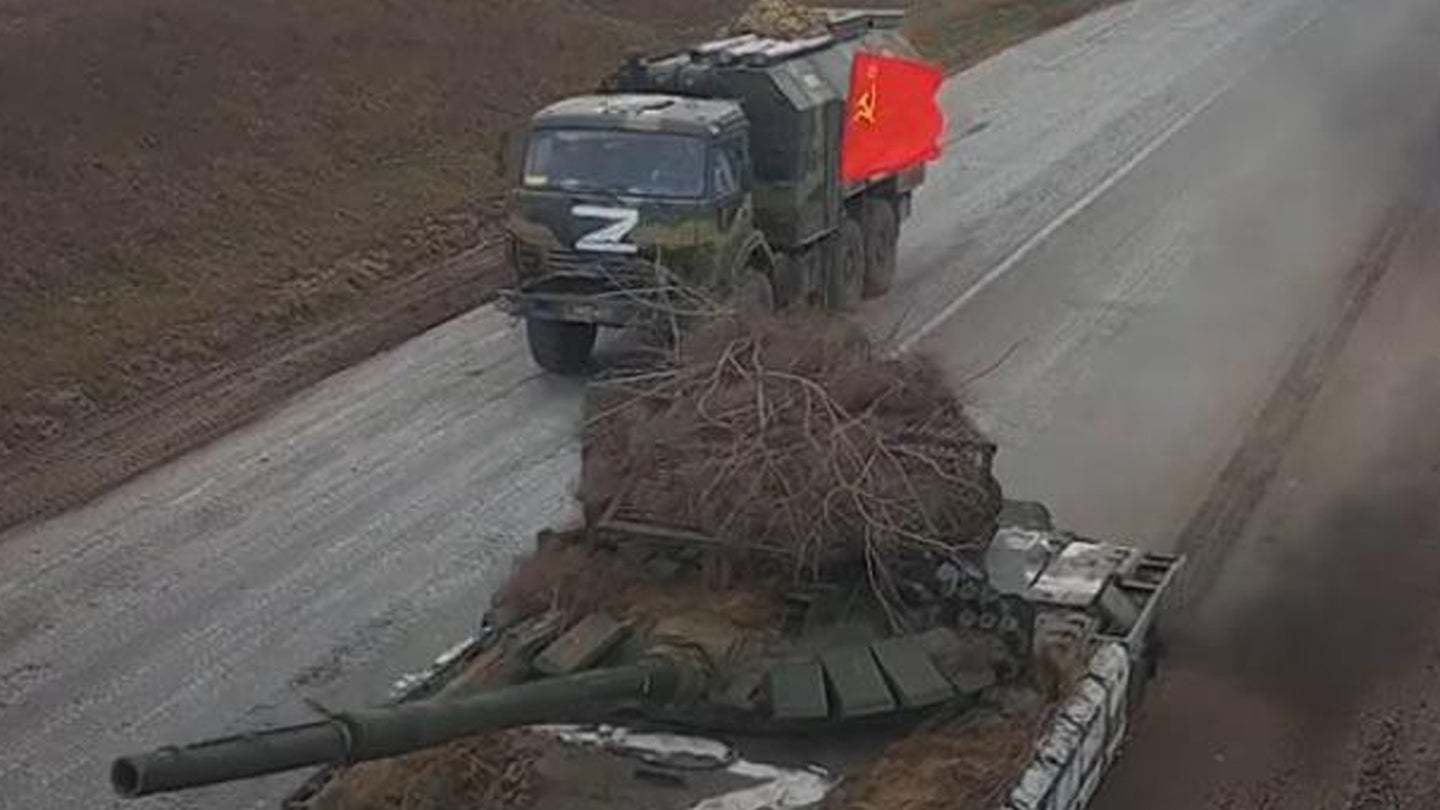 A photo posted to Twitter appearing to show a Russian tank in Ukraine flying the flag of the Soviet Union. (Twitter.)