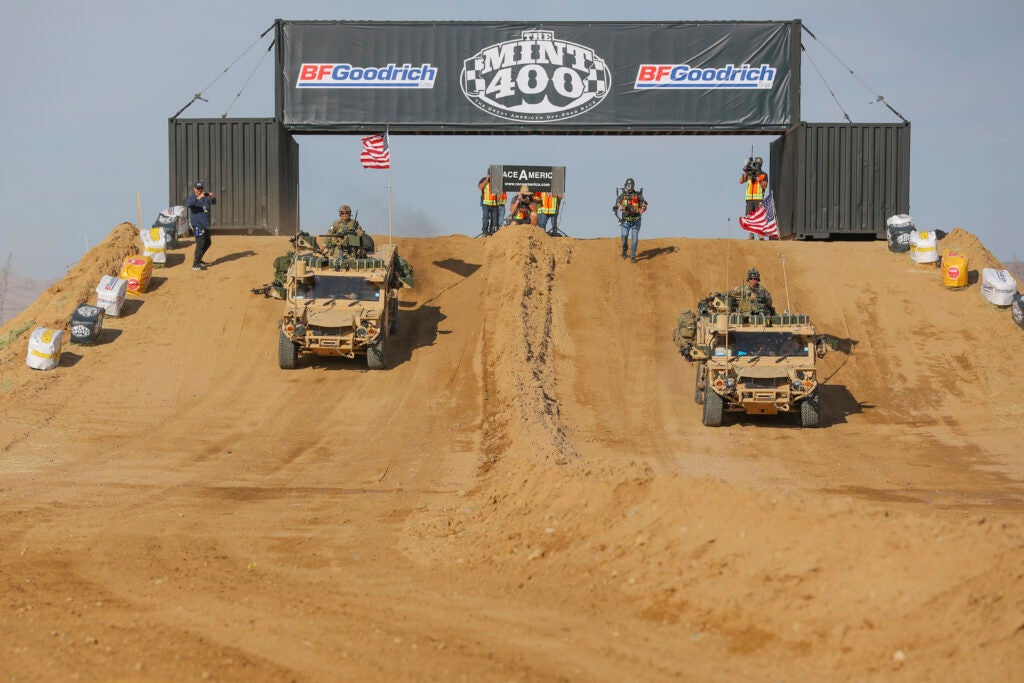 Green Berets with the 5th Special Forces Group (Airborne), accelerate their Ground Mobility Vehicle 1.1s as they start their first lap in the Mint 400, March 06, 2020, in Primm, Nevada. (U.S. Army photo by Staff Sgt. Justin Moeller, 5th SFG(A) Public Affairs)