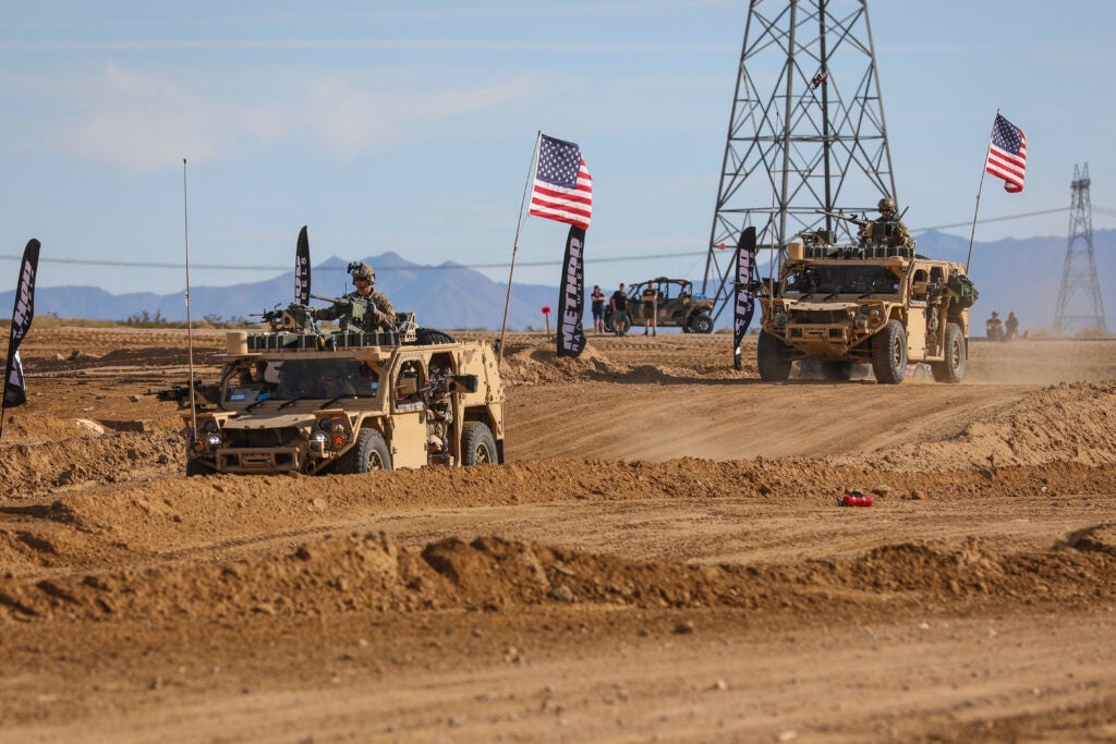 Green Berets with the 5th Special Forces Group (Airborne), accelerate their Ground Mobility Vehicle 1.1s as they start their first lap in the Mint 400, March 06, 2020, in Primm, Nevada. (U.S. Army photo by Staff Sgt. Justin Moeller, 5th SFG(A) Public Affairs)