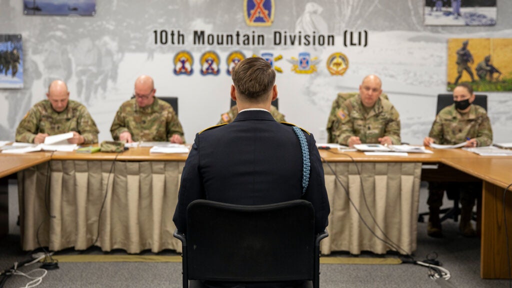 Soldiers and Noncommissioned Officers from throughout the 10th Mountain Division compete in the Division Soldier/NCO of the Quarter competition, March 9, 2022, on Fort Drum, New York. (U.S. Army/Sgt. Josue Patricio)

