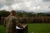 U.S. Marines with 1st Battalion, 12th Marines, 3d Marine Division and Soldiers with 25th Infantry Division stand in formation during an award ceremony on Schofield Barracks, Hawaii, Feb. 4, 2022. Artillery teams with 3d Marine Division and 25th ID competed against one another in a Best by Test competition hosted by 25th Division Artillery to determine the best section in the Pacific. The teams competed in live-fire operations, physical fitness tests, helicopter operations, swim trials and other combat related events. (U.S. Marine Corps photo by Sgt. Melanye Martinez)
