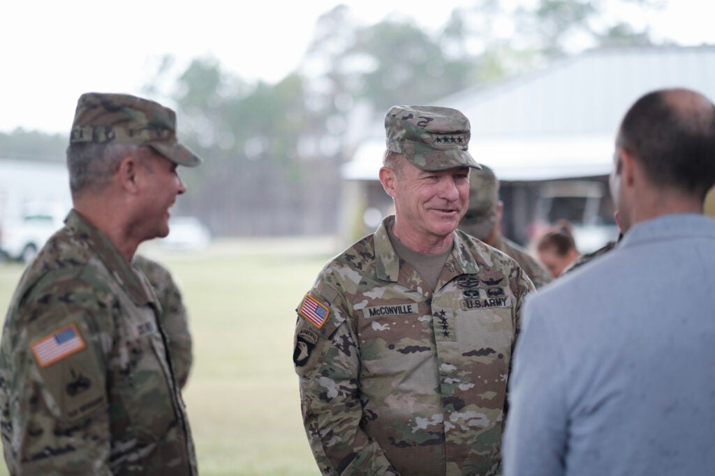 Gen. James C. McConville, Chief of Staff of the U.S. Army, and Maj. Gen. Charles D. Costanza, Jr., commanding general of the 3rd Infantry Division, arrive at the division headquarters on Fort Stewart, Georgia, March 23, 2022. McConville visited to discuss his leadership philosophy and receive feedback from all echelons of 3rd ID Soldiers on the "People First" initiative to enhance trust within cohesive teams of highly trained, disciplined and fit Soldiers prepared to win in any environment. U.S Army and 3rd ID officials want to ensure Soldiers' first instincts are to take care of each other and bring any issues to their leaders, knowing leaders will do the right thing. (U.S. Army Photo by Sgt. Robert P Wormley III)