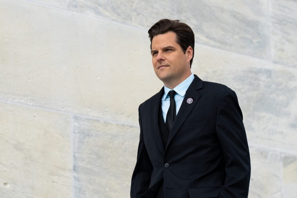 UNITED STATES - APRIL 1: Rep. Matt Gaetz, R-Fla., walks down the House steps at the Capitol after the last votes of the week on Friday, April 1, 2022. (Bill Clark/CQ-Roll Call, Inc via Getty Images)