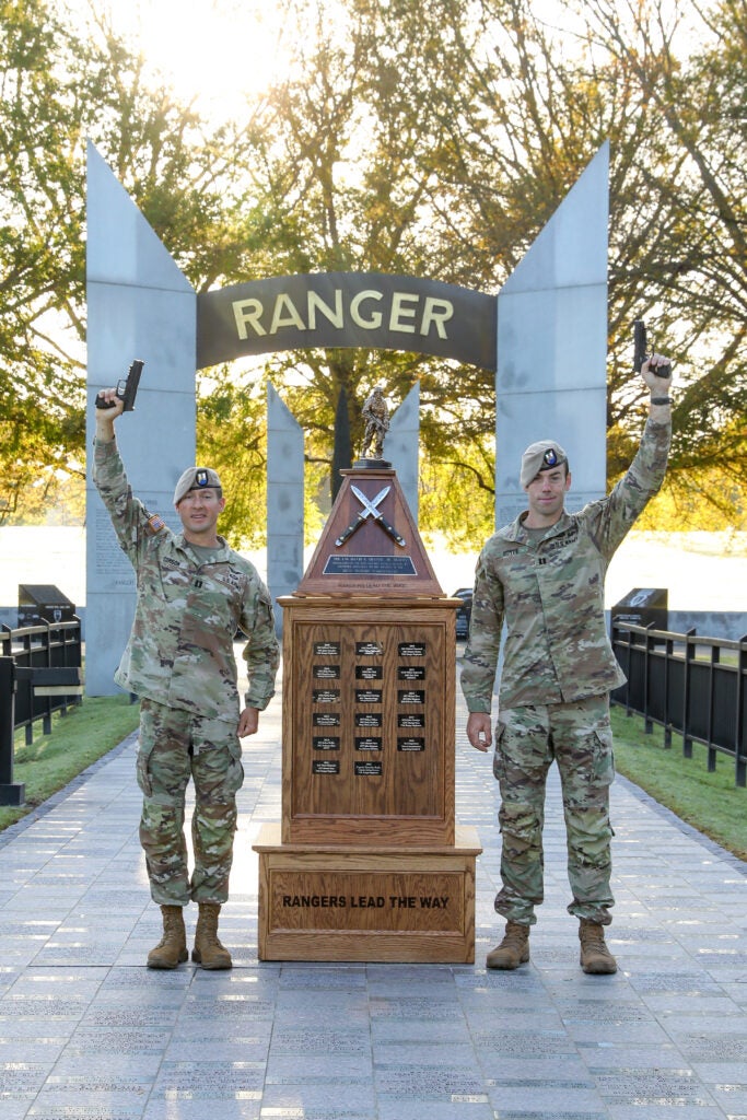 FORT BENNING, Ga.- Cpt. Joshua Corson and Cpt. Tymothy Boyle of Team 37, representing the 75th Ranger Regiment finished on top over 51 teams that began the Best Ranger Competition.  (U.S. Army photo by Markeith Horace, Maneuver Center of Excellence, Fort Benning Public Affairs)
