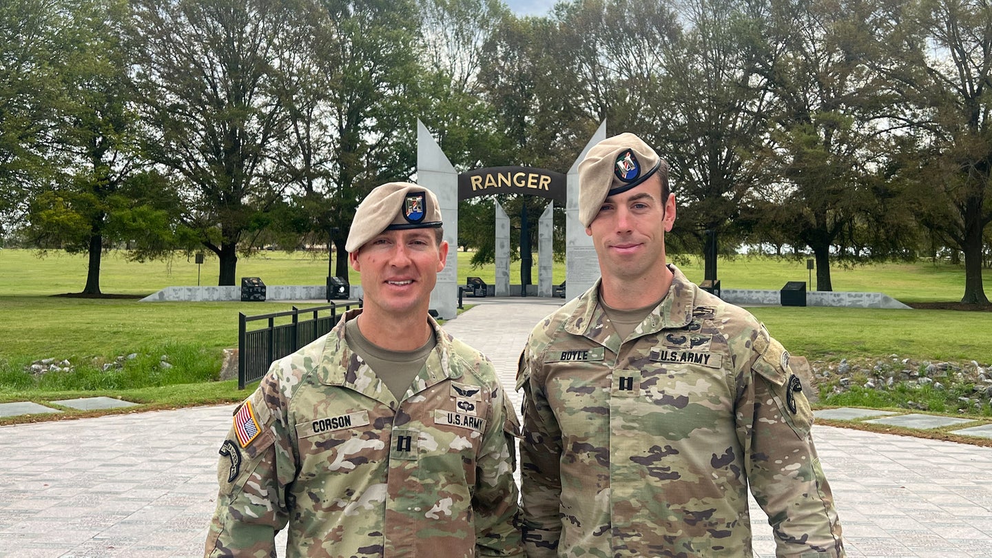 Army Capt. Joshua Corson and Capt. Tymothy Boyle after the Best Ranger Competition closing ceremony at Fort Benning, Georgia. (Haley Britzky/Task & Purpose)