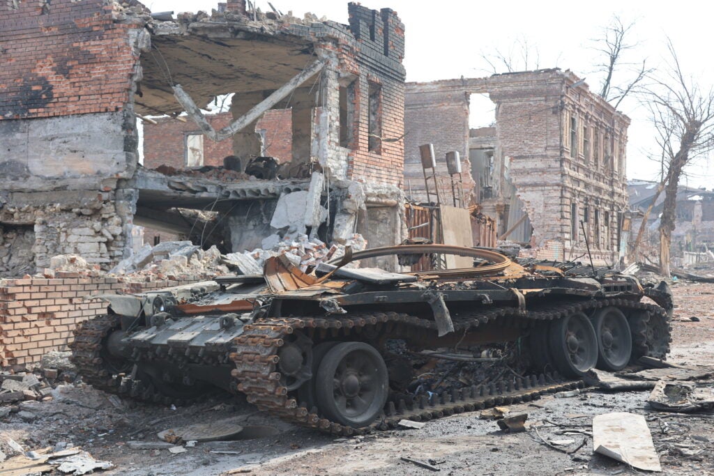 MARIUPOL, UKRAINE - APRIL 09: A view of a destroyed armored vehicle during ongoing conflicts in the city of Mariupol under the control of the Russian military and pro-Russian separatists, on April 09, 2022. (Photo by Leon Klein/Anadolu Agency via Getty Images)
