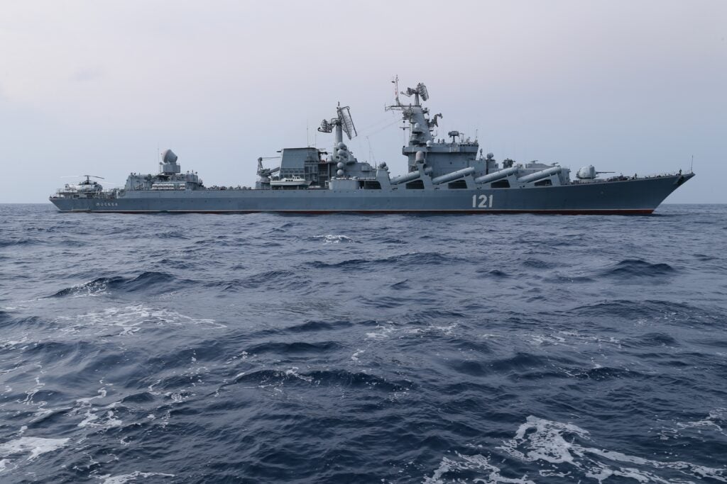 In this photo taken on Thursday, Dec. 17, 2015 and provided by the Russian Defense Ministry Press Service, Russian navy missile cruiser Moskva is on patrol in the Mediterranean Sea near the Syrian coast. The Russian military has deployed the Moskva closer to the shore to help protect Russian warplanes with its air defense missiles following the downing of a Russian bomber by Turkey at the border with Syria. (Vadim Savitsky/Russian Defense Ministry Press Service via AP)