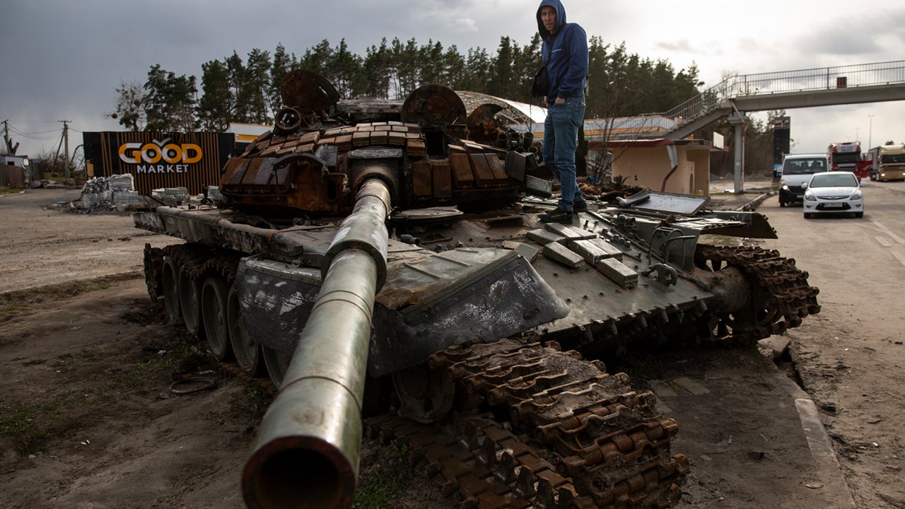 Remains of destroyed Russian tanks in the Kiev region, Ukraine, on April 6, 2022 (Photo by Oleg Pereverzev/NurPhoto via Getty Images)
