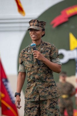 Lt. Col. Christina R. Henry gives a speech on June 8, 2020, the day she took command of 2nd Maintenance Battalion. Photo by Lance Cpl. Zachary Zephir, courtesy of the U.S. Marine Corps.