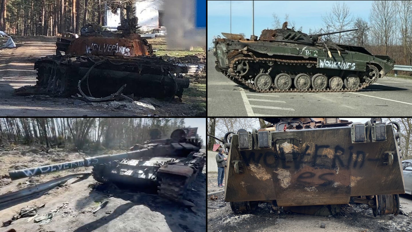 Photos and screenshots showing various Russian military vehicles that were tagged with "Wolverines" in Ukraine, in an apparent reference to the 1980s Cold War action movie "Red Dawn." (Screenshots via Twitter)