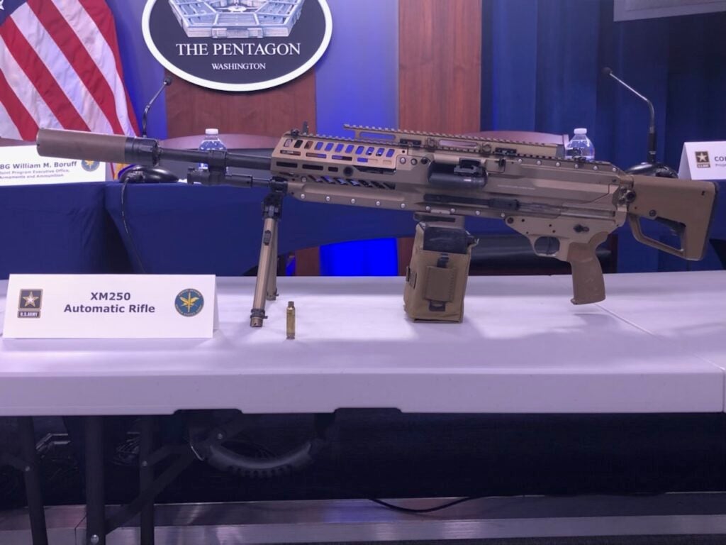 The Next Generation Squad Weapon on display during a Pentagon news conference. (Jeff Schogol/Task & Purpose)